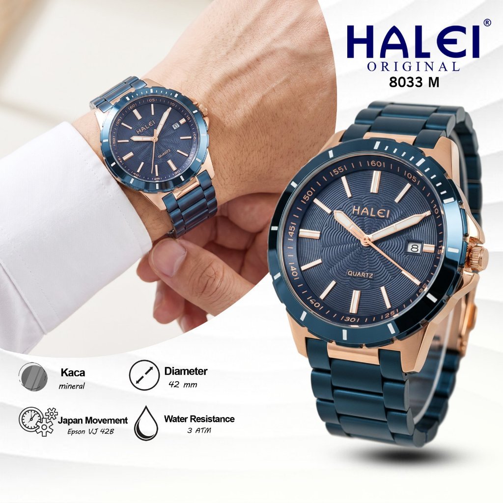 HALEI IND 8033 M - Bergaransi Jam Tangan Pria Halei Original Analog Fashion  Mewah Rantai Stainles A