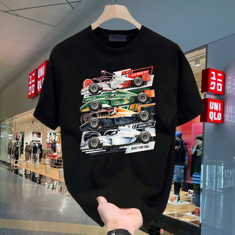 Kaos Pria Wanita Katun Formula Racing Vintage Motorsport Mobil Balap Roda Terbuka Ilustrasi Cat Air 
