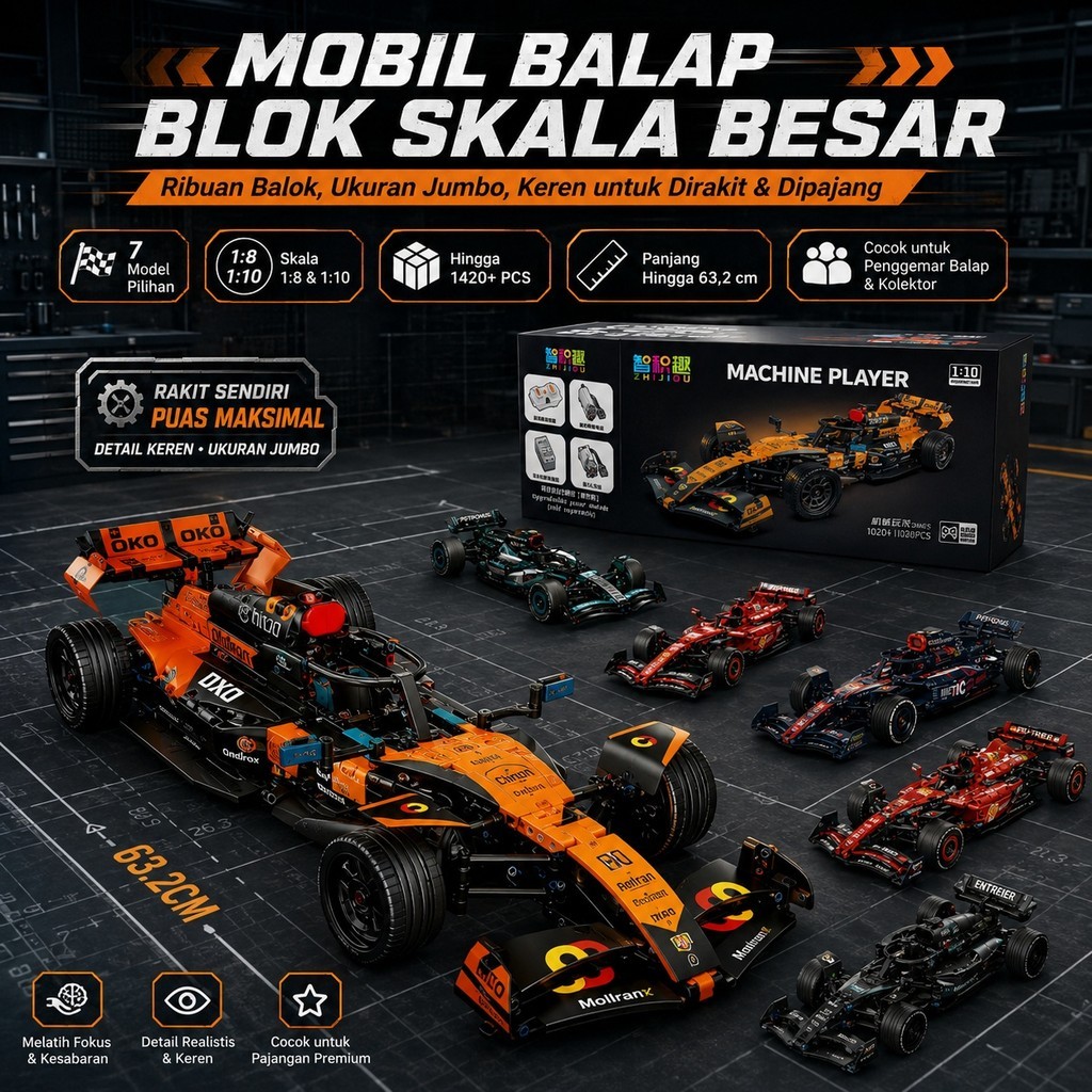 RJM Mobil Balap Formula Blok Susun Seri Koleksi 1:8 dan 1:10 Ribuan Balok Pajangan Meja Kerja dan Le