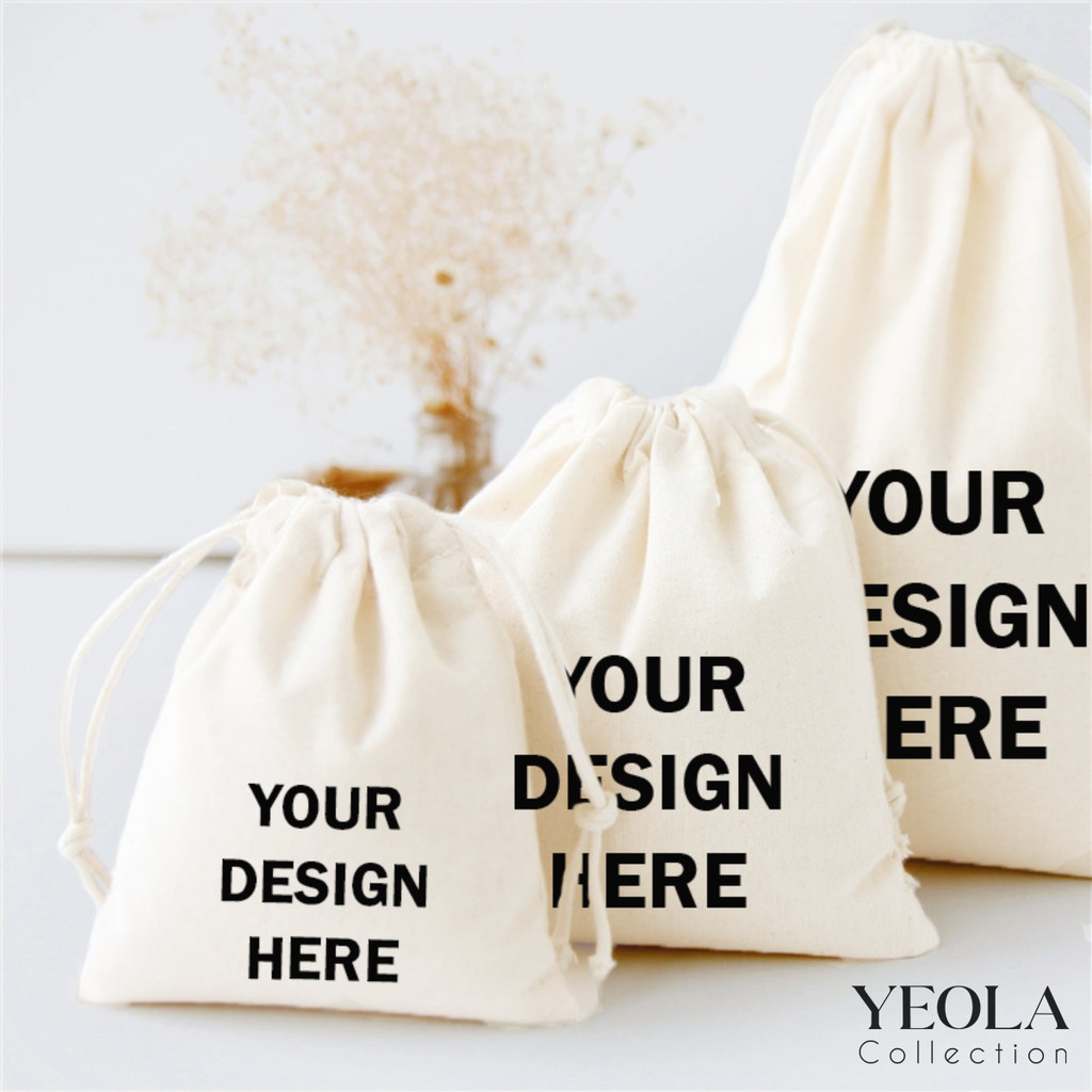 YEOLA Pouch Serut CUSTOM Warna Putih Berbagai Ukuran dan Tebal | Kantong Souvenir Organizer Penyimpa