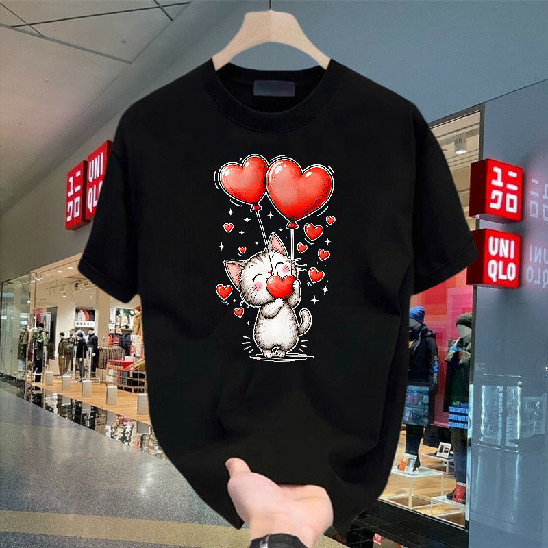 Kaos Kucing Lucu Memegang Balon Hati Merah, Kaos Lengan Pendek Dengan Ilustrasi Romantis, Tshirt Kat