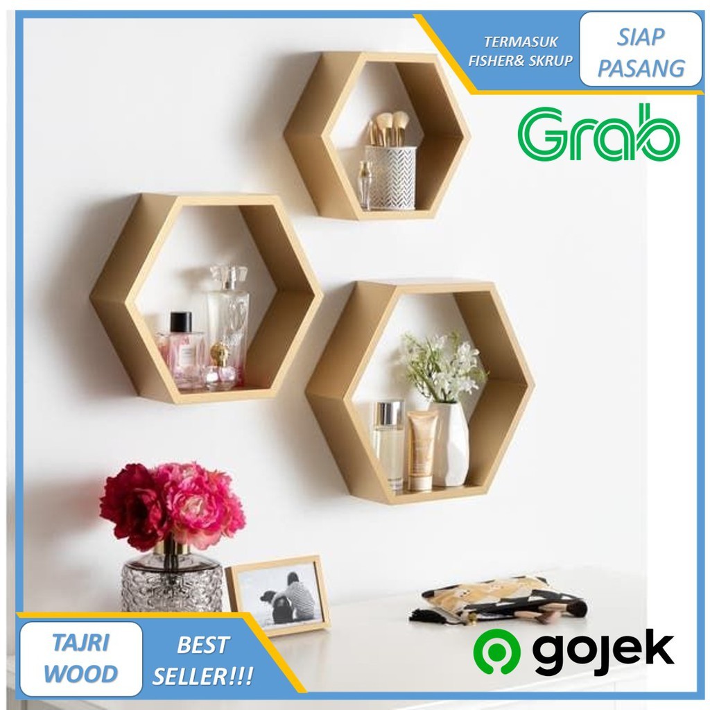 Rak Dinding Kayu Hexagonal Minimalis Serbaguna / AMBALAN HEXAGONAL