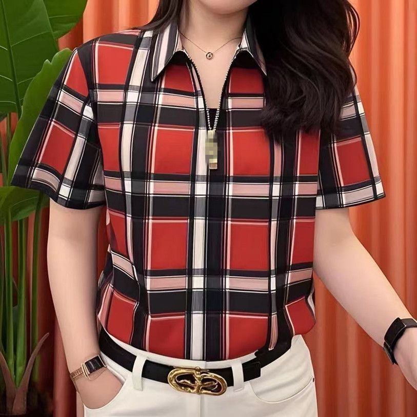kaos pria lengan pendek kotak kotak kemeja polo lapel top