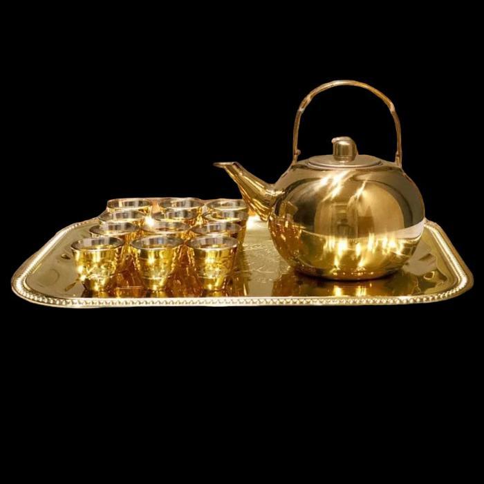 Promo TEKO ARAB SAUDI Set Teko Emas Haji dengan 12 Gelas Emas dan Nampan Emas Tea Teko Satu Set Eleg