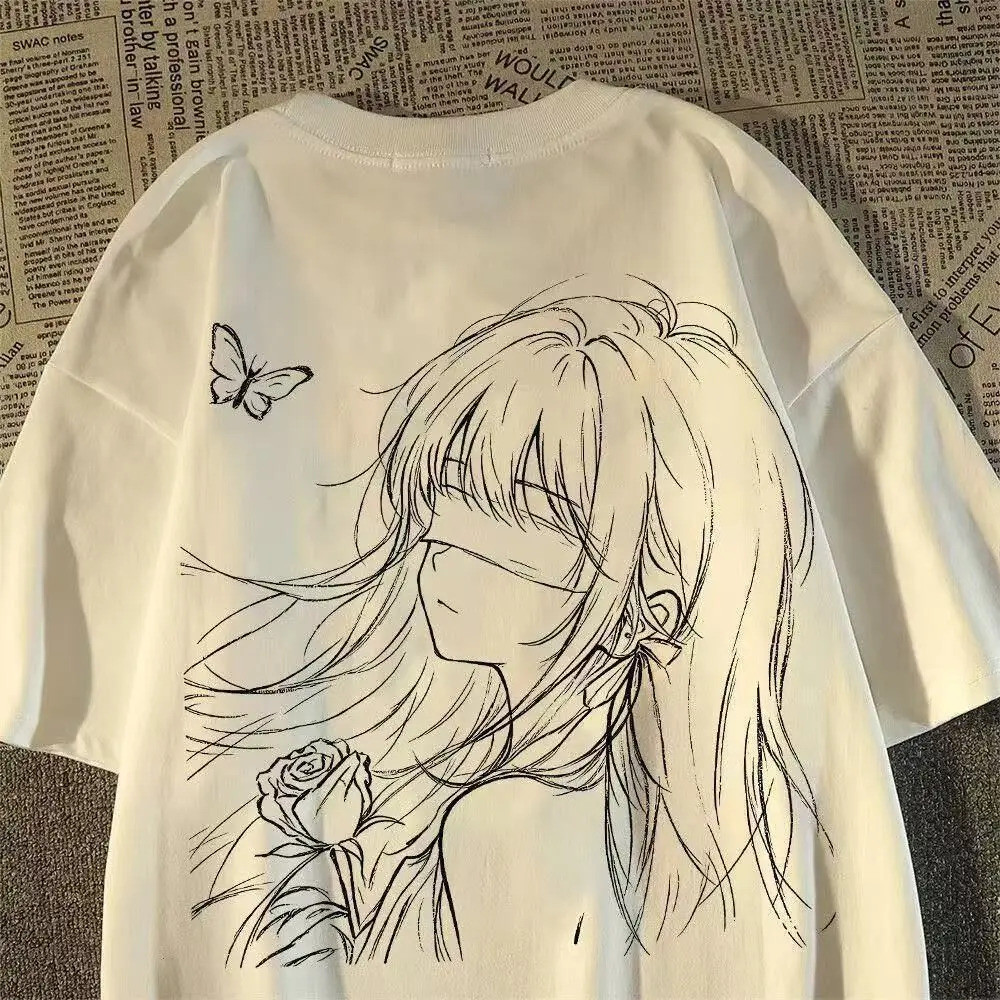 Kaos Pendek Kasual Motif Sketsa Gadis Anime Kreatif, Unisex Anak Laki-laki & Perempuan Musim Panas, 