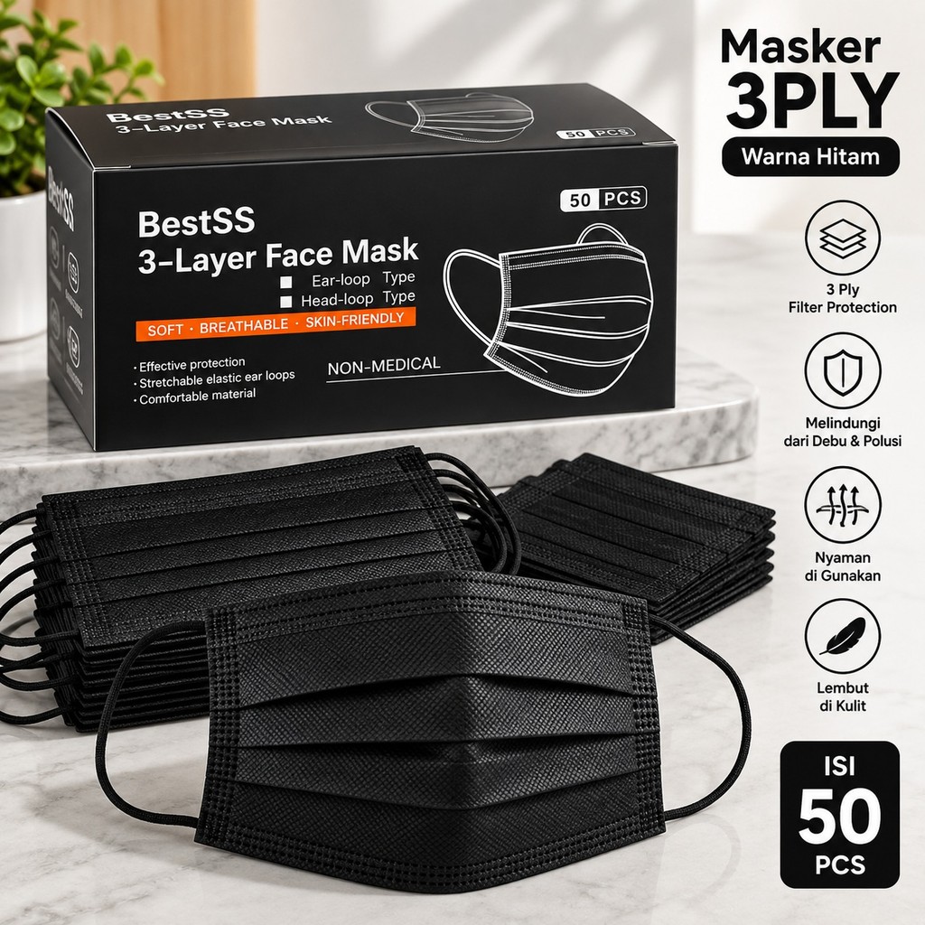 *(AJ) Masker 3 PLY Hitam Disposable FaceMask Hitam/ 3PLY Hitam Masker Termurah Best Seller