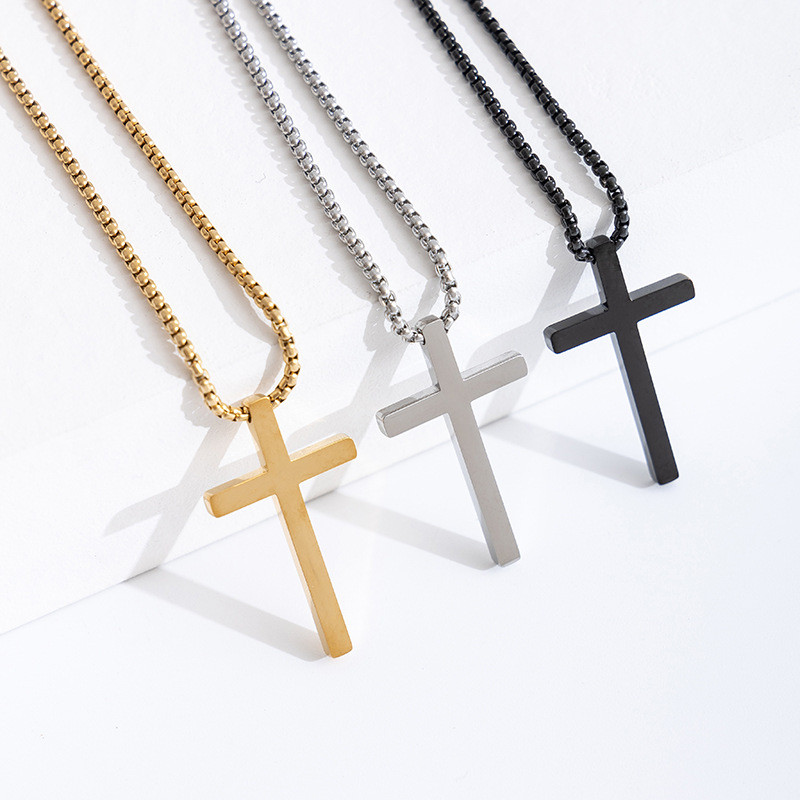 Kalung Salib Stainless Steel Kalung Salib Kalung Baja Titanium Mengkilap Liontin Panjang Pria