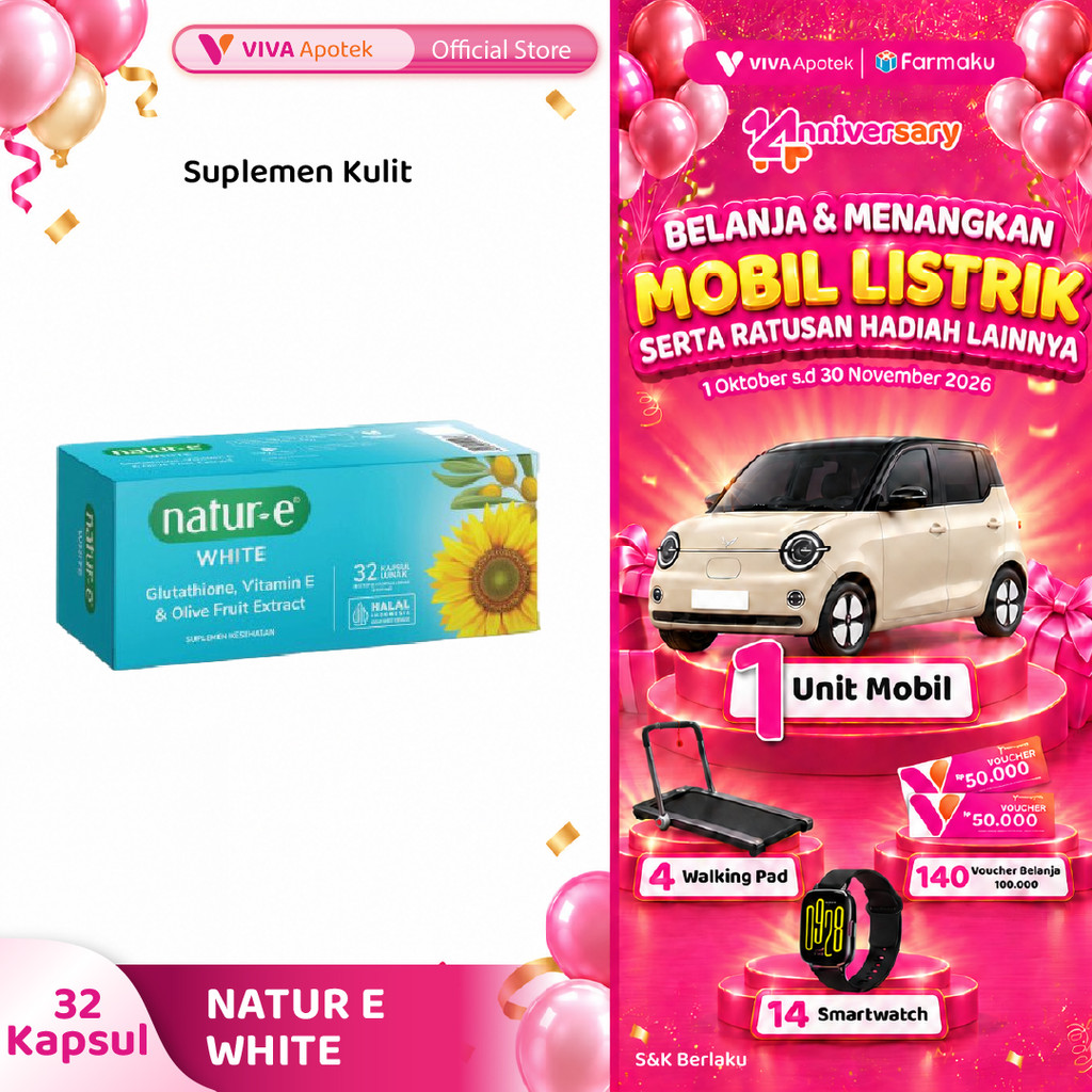 Natur E White Suplemen Kulit (32 Kapsul) | Kulit Sehat, Lembap & Cerah Alami | Mengandung Vitamin E 