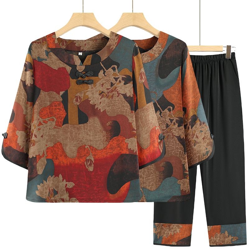 Pertengahan tua musim panas pakaian ibu set wanita tua top celana dua set tujuh lengan pakaian nenek
