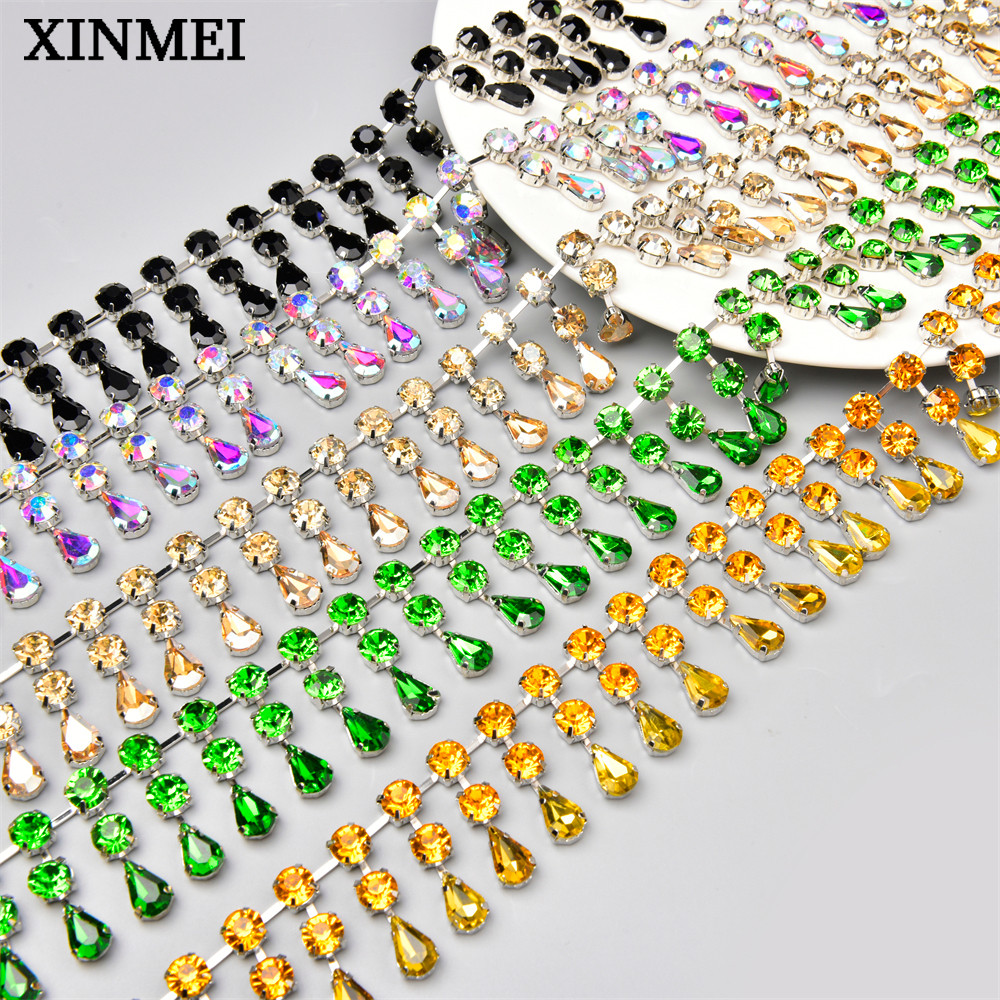 Fashion 2 Rows Round Water Drop Pendant Tassel Diamante Trims Rhinestone Crystal Chain Diy Necklace 