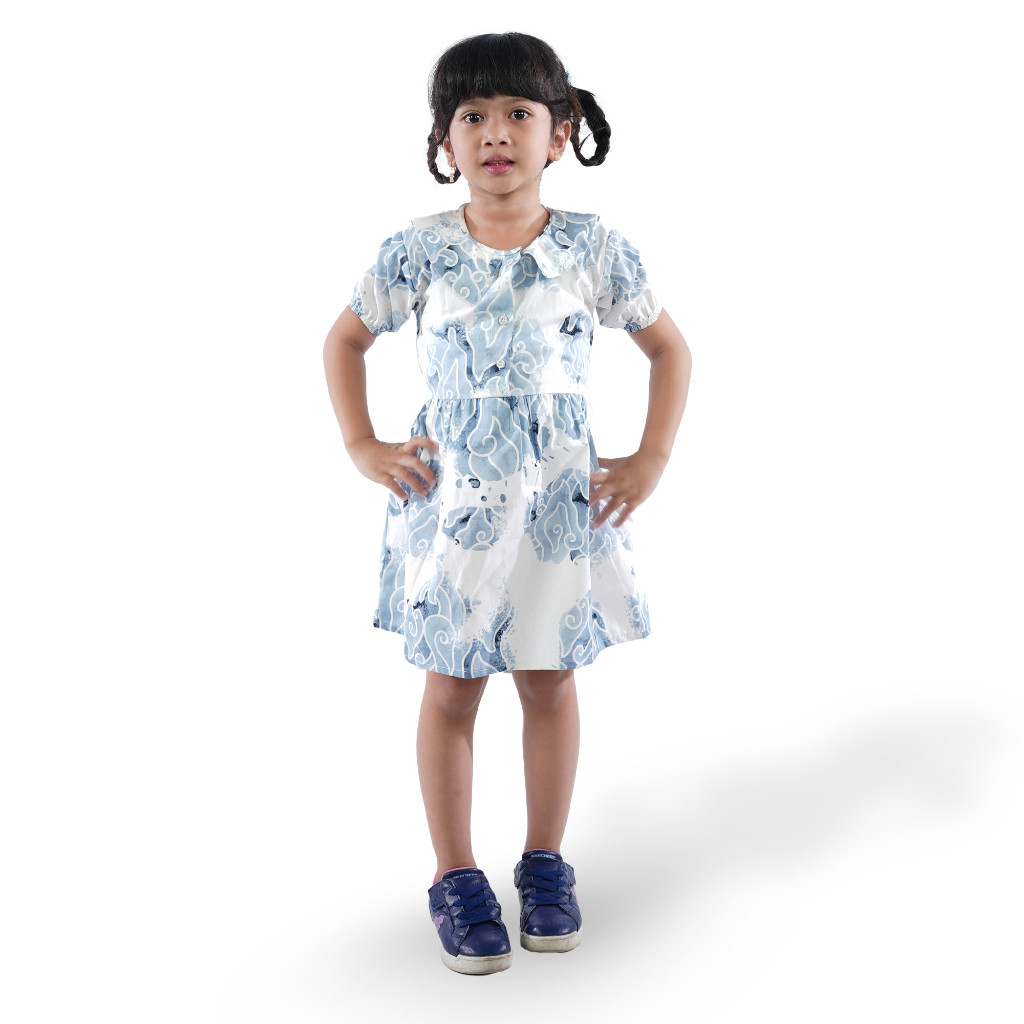BATIK TRUSMI Dress Batik Anak Perempuan Motif Mega Mendung Bumi Biru