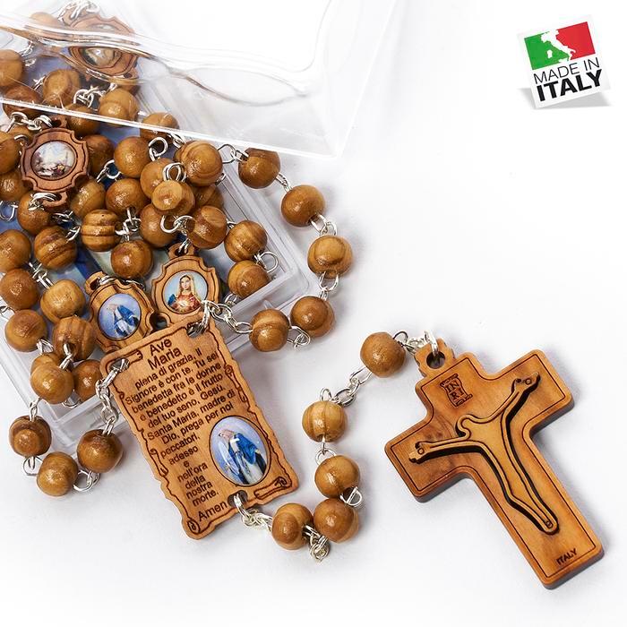 Rosario Kayu Olive Medali Wasiat dan Ave Maria Made in Italy Aksesoris Rosario Kalung Salib Katolik 