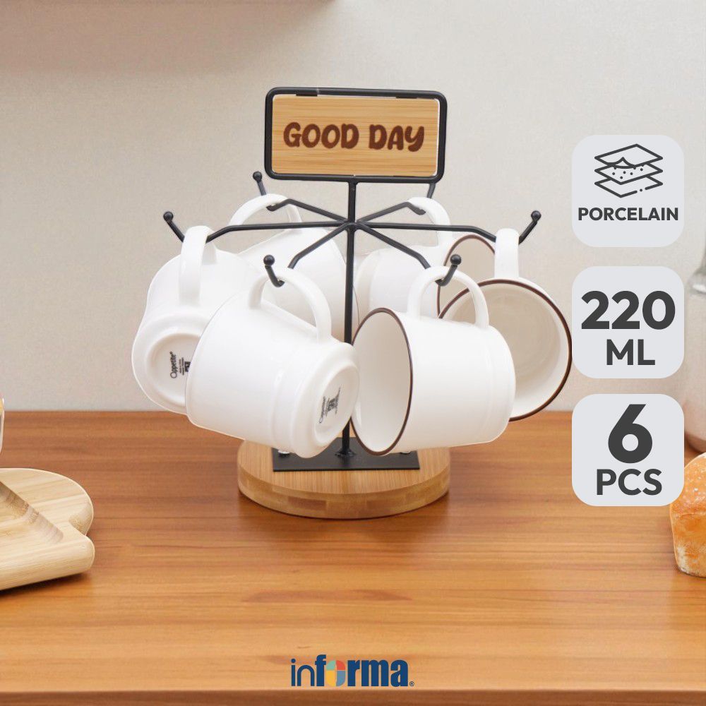 Informa Appetite Maimi Mug Porcelain Dengan Rak 220 ml Set 6 Pcs - Putih Gelas Minum Tea Cangkir Kop