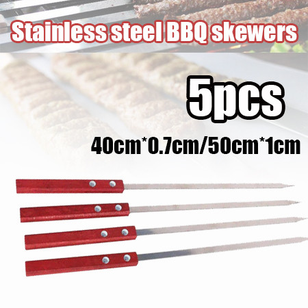 Alat Barbekyu Tusuk Sate Stainless Steel 5pcs - Gagang Kayu untuk Kebab Outdoor, Dapat Digunakan Kem