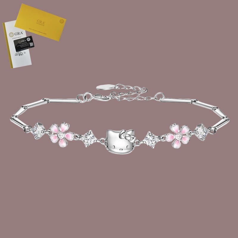 Termasuk Sertifikat GRA Gelang Perak 925 Moissanite Berkilau Hello Kitty Sakura Pink Lucu