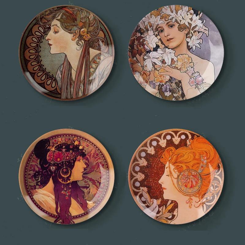 8"/10" Plates Alphonse Maria Mucha Art Nouveau Paint Wall Hanging Home Hotel Decorative Dishes Plate
