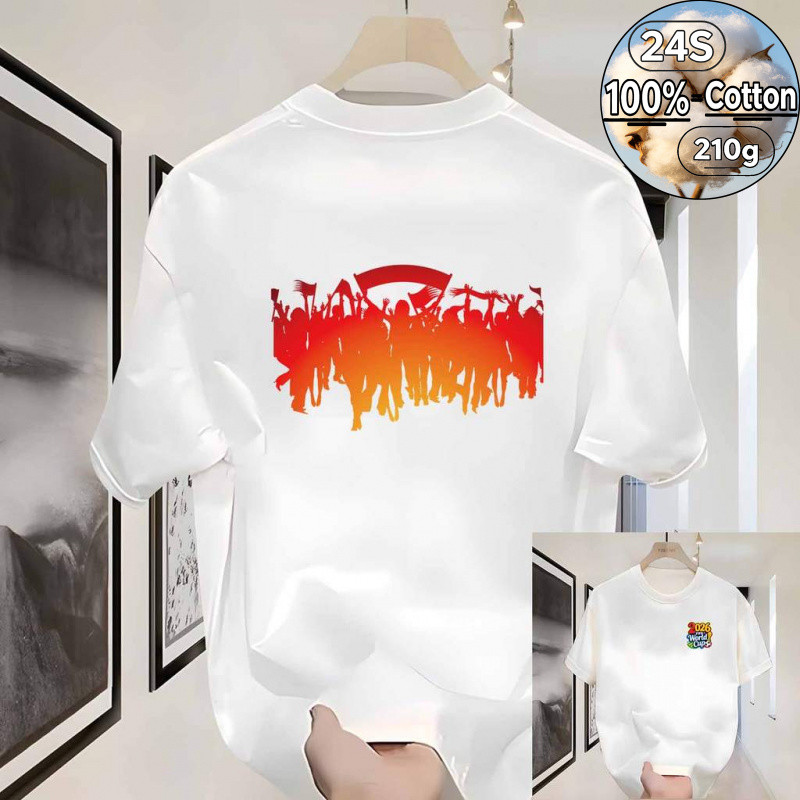 * COD * Piala Dunia FIFA 2026 Kaos Putih Oversize Motif Siluet Suporter Gradasi Merah Oranye, Kartun