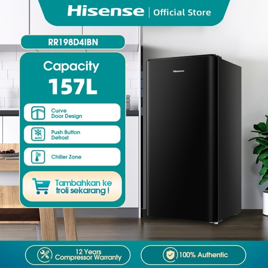 Kulkas Hisense 1 pintu 160 Liter RR198D4IBN RR 198D4IBN 198 D4IBN Polos