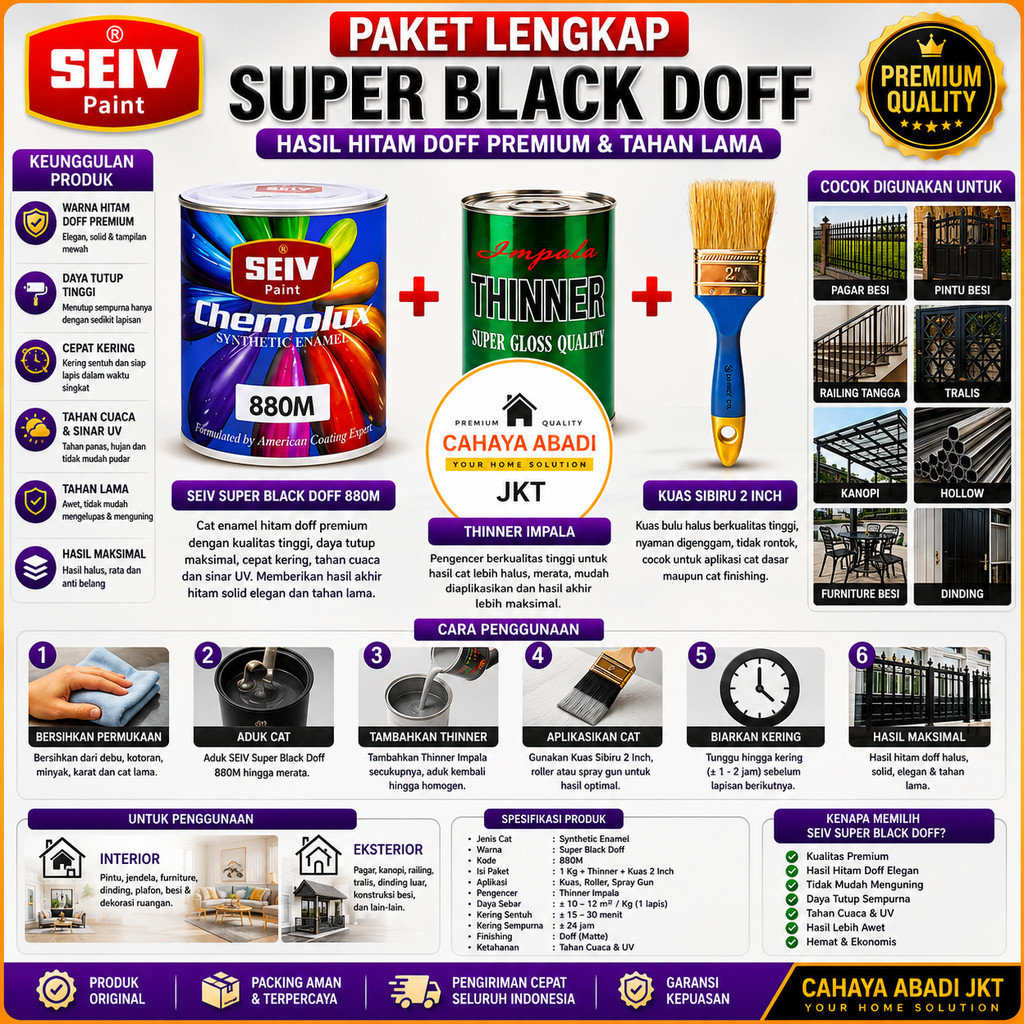 Paket Cat Besi SEIV Super Black Doff 880M + Thinner Impala + Kuas Sibiru 2 Inch | Cat Besi Anti Kara