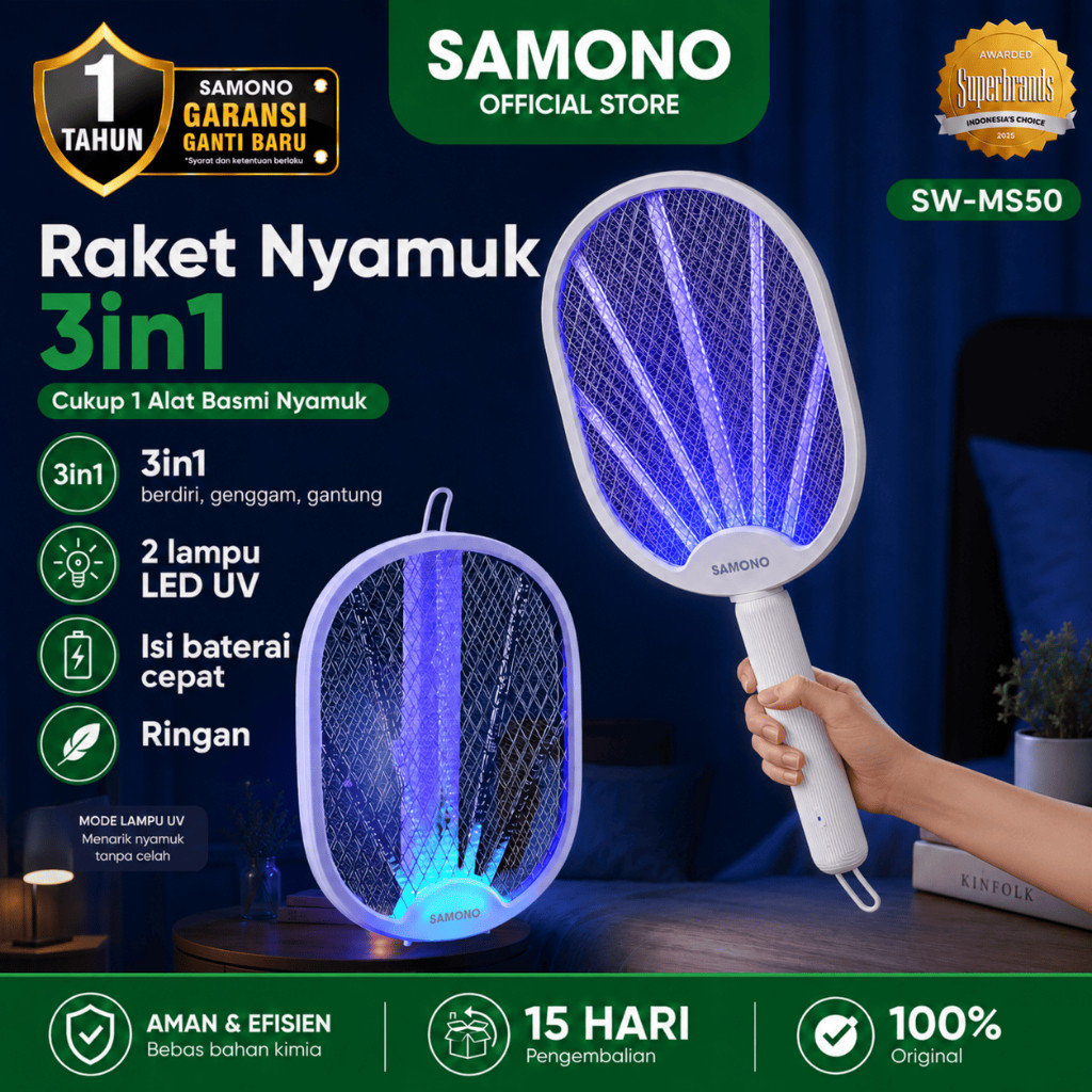 SAMONO Raket Nyamuk Blue Light Portable 3 Mode Lipat Genggam, Gantung Recharable Micro USB bATERAI 4