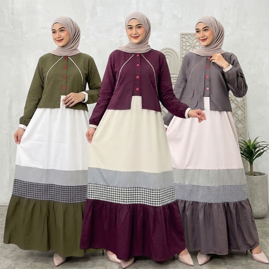 Kahiyang Gamis Wanita Muslim Bahan Katun Tokai Premium Kombinasi Polos Motif Kotak Simple Elegan
