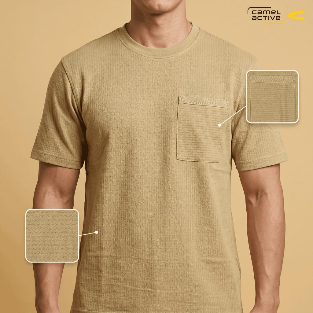 camel active Men's Curry Premium Cotton Jacquard Loose Fit T-Shirt Kaos Oversized