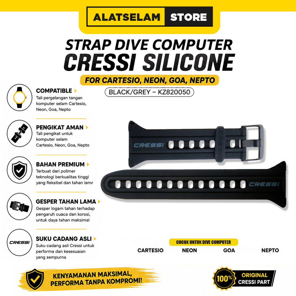 Strap Dive Computer Cressi Silicone For Cartesio, Neon, Goa, Nepto BLACK/GREY – KZ820050 / Tali Jam 