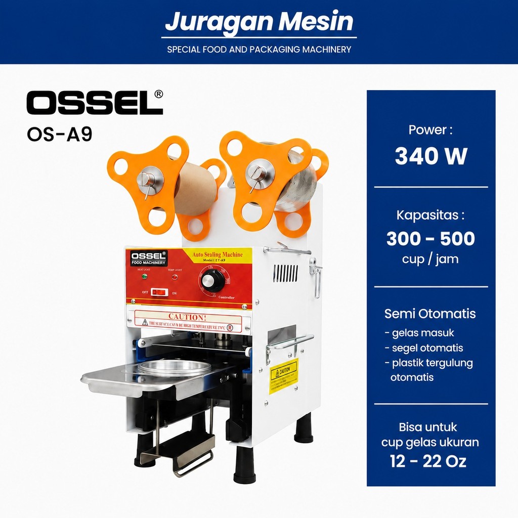 OSSEL Cup Sealer Semi Otomatis Roll Putar Mesin Press Tutup Gelas Plastik Otomatis OS-A9 OSSEL