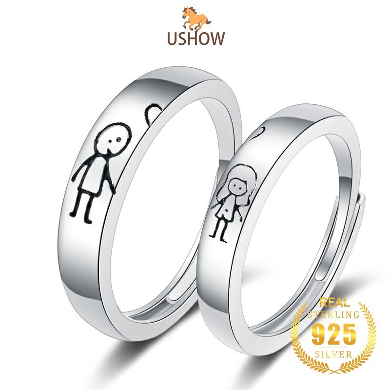 USHOW Cincin Pasangan Sketsa Gaya Korea S925 Cincin Terbuka Fashion