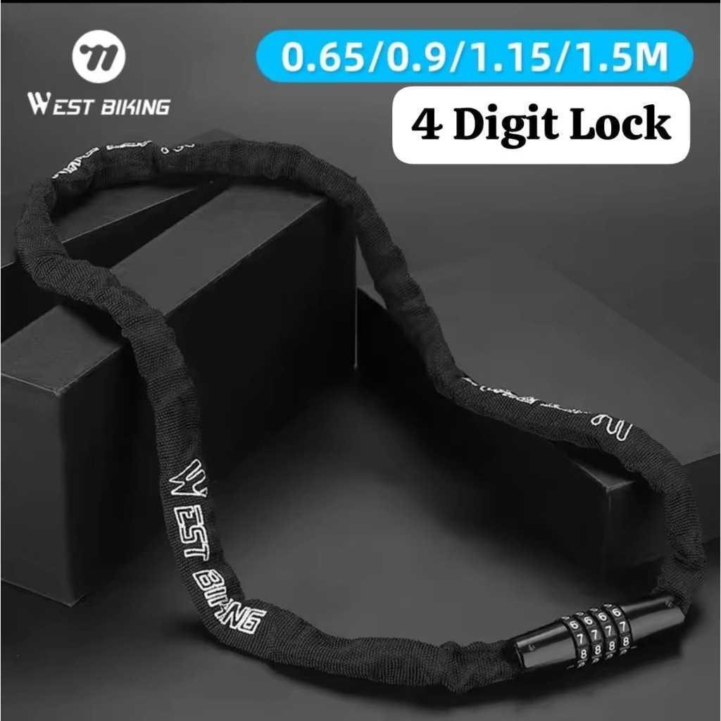 Foto WEST BIKING Gembok Kabel Kombinasi Rantai 4 Digit Elastis Anti Maling Bike Lock Chain Sepeda Kendaraan Bermotor Pagar Rumah Elastic Combination Key 1.5m