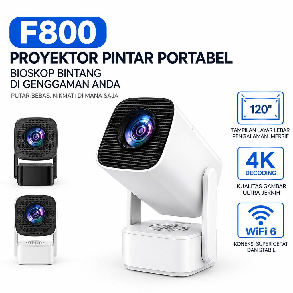 AlatAudio F800 F900 Proyektor Mini Portable Android WiFi 6 Gimbal 180° HD 720P 4K Android 14 -720P-S