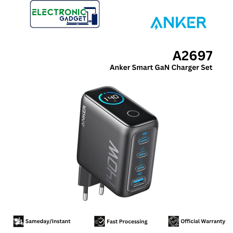 Anker GaN Charger Smart Digital Display 140W PD PPS 4 Port USB Type A/C - A2697