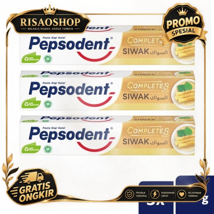 RISAOSHOP Pepsodent Pasta Gigi Complete 8 Siwak Anticavity And Fresh Halal Natural 65g x3