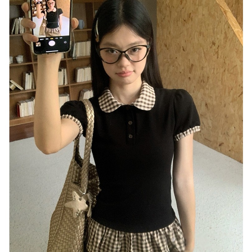 2toyoung T-shirt rok patchwork polo musim panas wanita berkotak-kotak lengan pendek