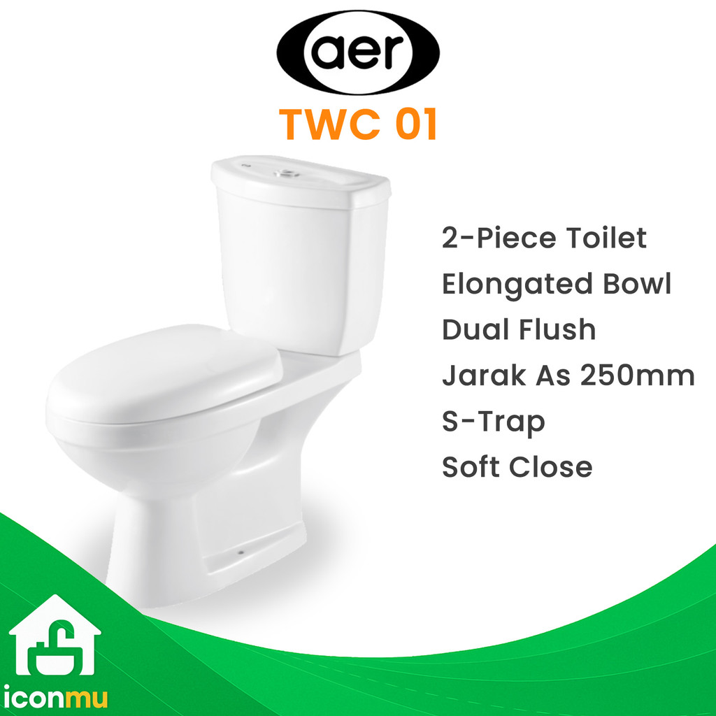 AER Kloset Duduk TWC01 Dual Flush Soft Close As 25 Tabung Keramik Putih TWC 01 2 Piece Toilet Closet