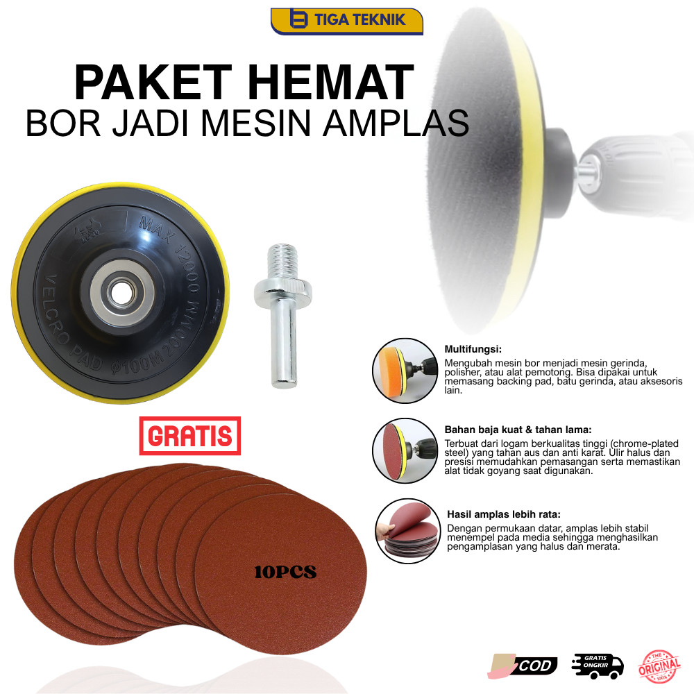Paket Adaptor Bor Jadi Mesin Amplas Poles Konektor Pad Velcro Tatakan Amplas Poles