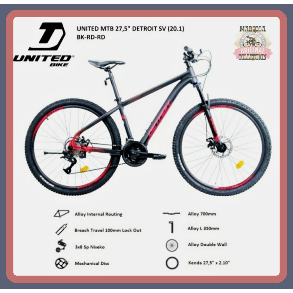 Sepeda Gunung 27.5 MTB United Detroit SV Alloy 3x8 Speed Cakram Disc Brake Remaja Dewasa Promo Bonus