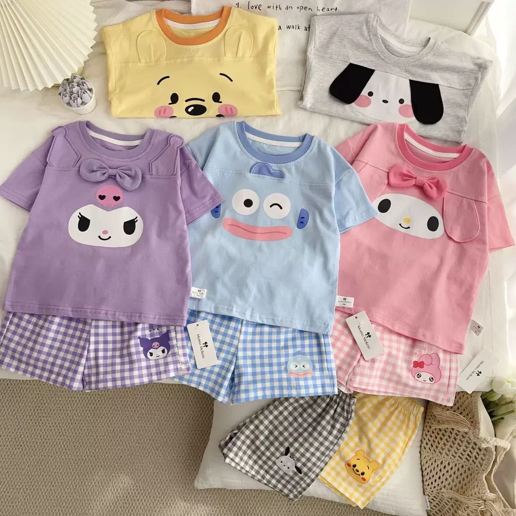 Set Baju Main Anak Karakter Sanrio Lucu Telinga 3D Lengan Pendek + Celana Kotak – Piyama Anak Peremp
