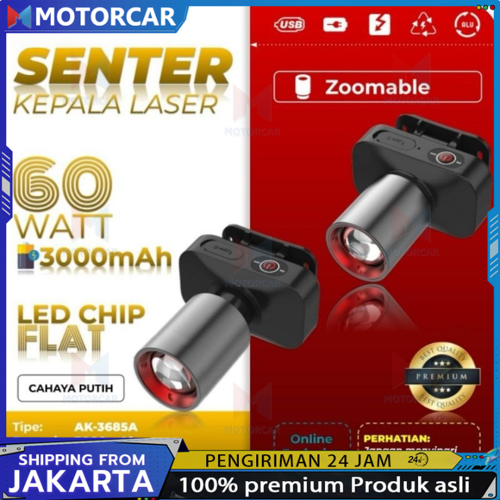 Aoki Senter Kepala Led Zoom AK-3685A & AK-3686K 60W / Cahaya Super Terang / Jarak Jauh Laser / @AOKI