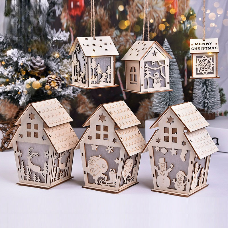 Rumah Kayu Kecil Bertenaga Natal, Rumah Salju, Hiasan Pohon Natal, Hadiah DIY, Pajangan Etalase, Hia