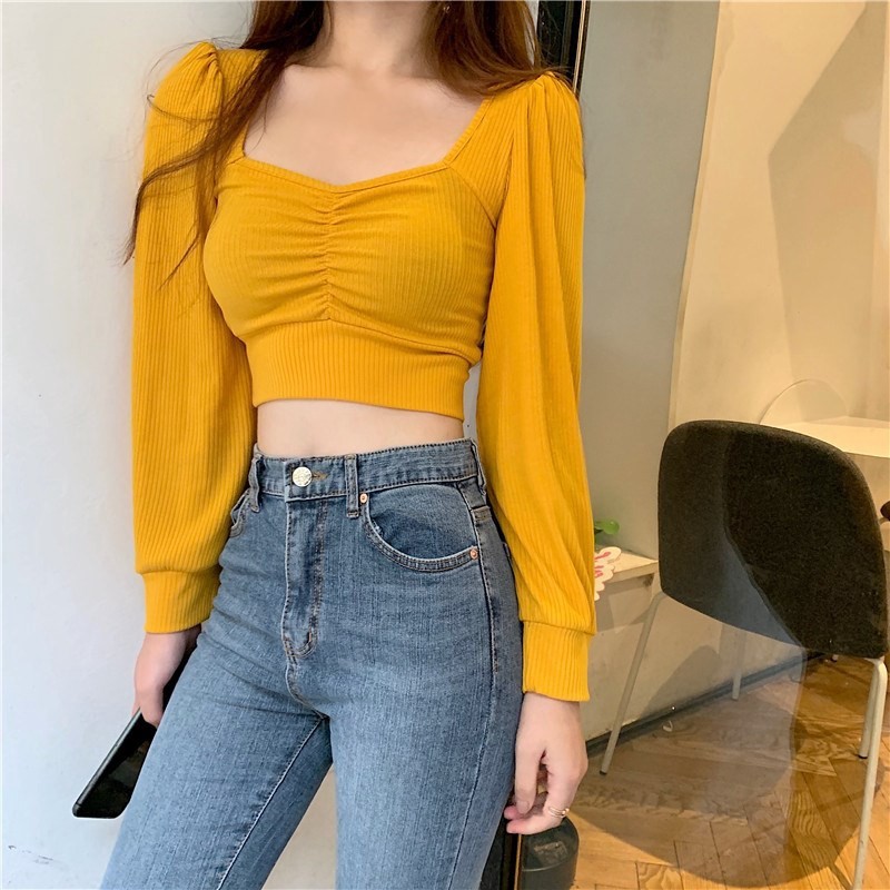 INS fashion wanita korea vintage lengan panjang persegi leher ramping pinggang blus crop top