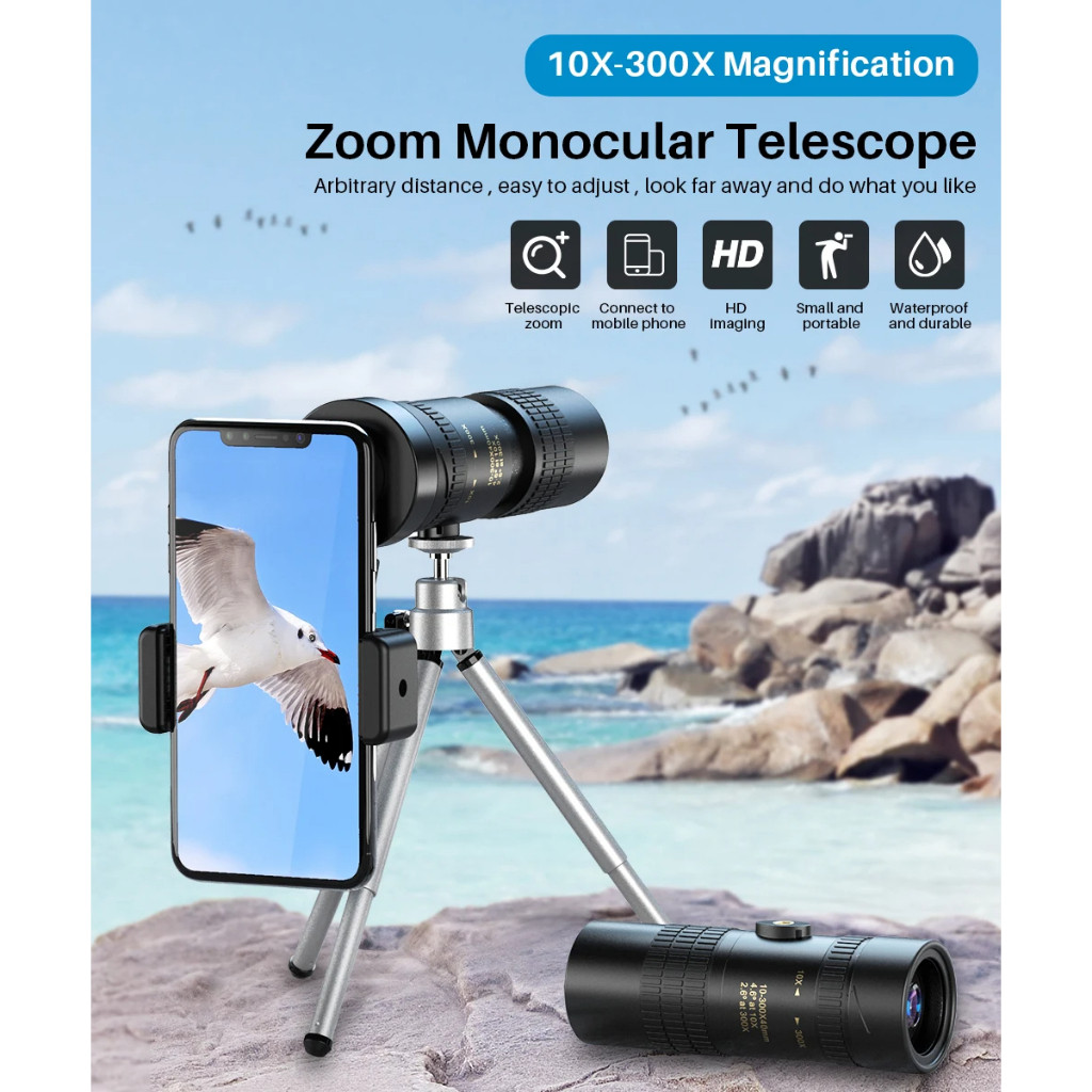 APEXEL Lensa Teleskop Saku Monokuler 10-300X Magnification with Tripod - APL-10-300X40 - Black