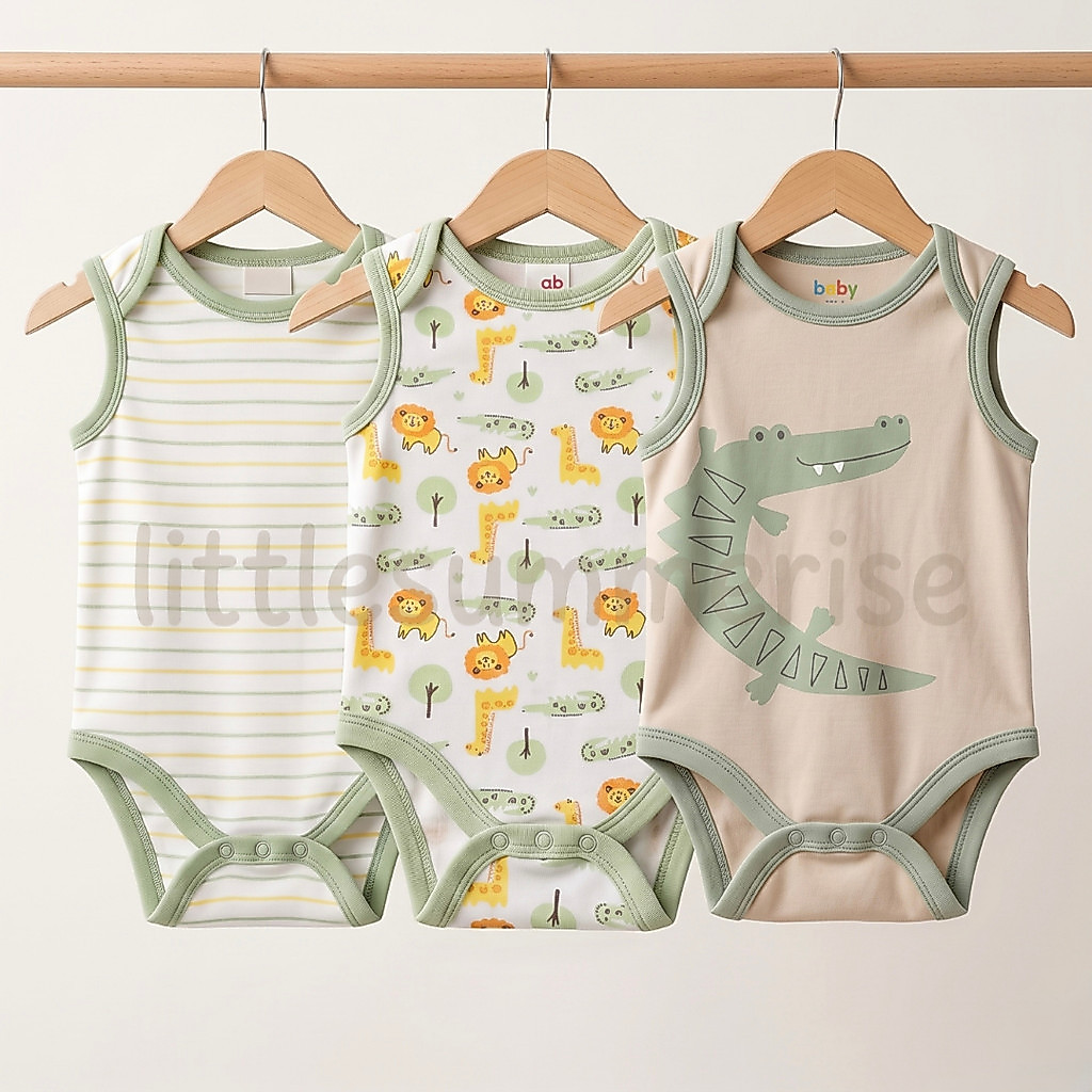 LITTLESUMMERISE - Jumper Bayi Kutung 3pcs Unisex Bodysuit Sleeveless Katun Lembut 0-9bulan (3VS CROC