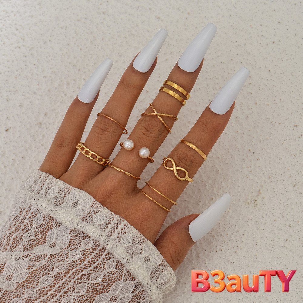[B3auTY] Set 9 Pcs Cincin Wanita Gold Vintage Aesthetic, Cincin Tak Berujung Mutiara Cincin Lilit Ma