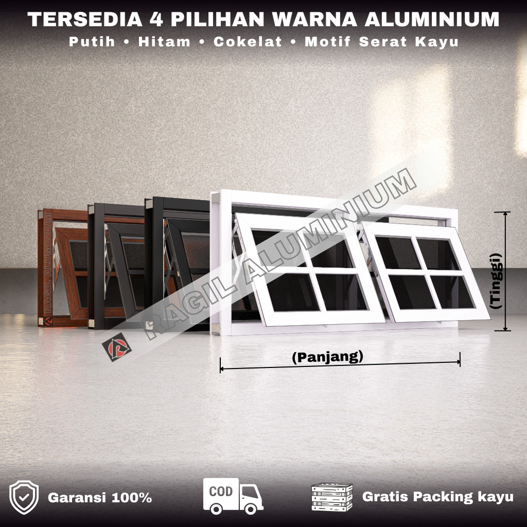Jendela Aluminium Boven 2 Daun Jungkit Casement Ornamen Tinggi 50 cm x Panjang 100 cm (50x100)