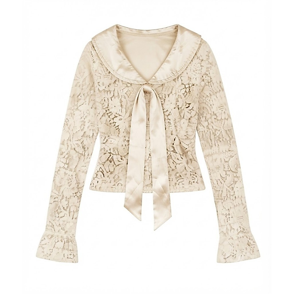Sateen Front Ribbon Sailor Floral Lace Cream Fairycore Top | bohemian etnik boho satin silky academi
