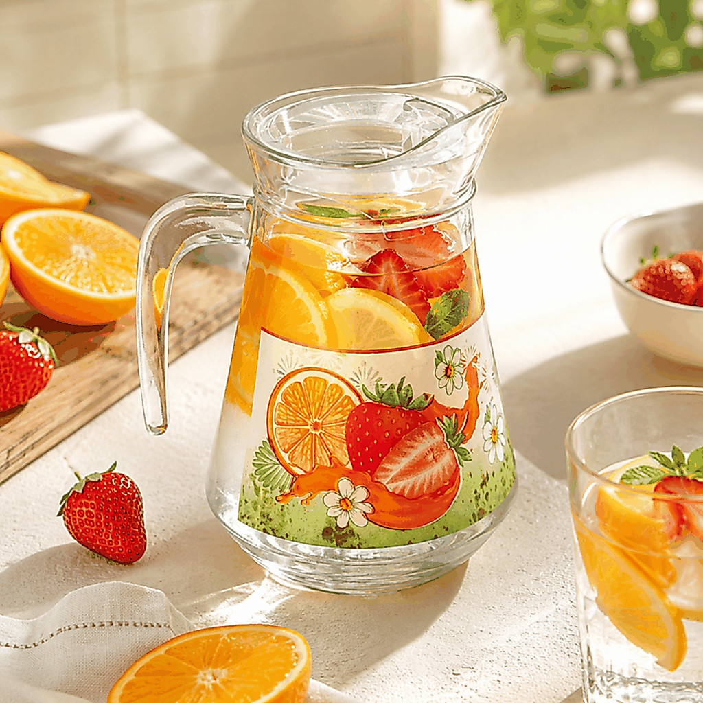 Pitcher Kaca Jizzy 1.3 Liter Glass Pitcher Motif Floral - Teko Air Kaca Motif Bunga Estetik Murah