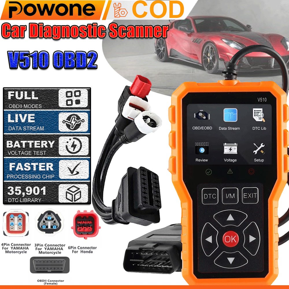 OBD2 V510 Scanner Diagnostik Mobil 2-in-1 | Baca & Hapus Kode Error Check Engine ECU | Monitor RPM S