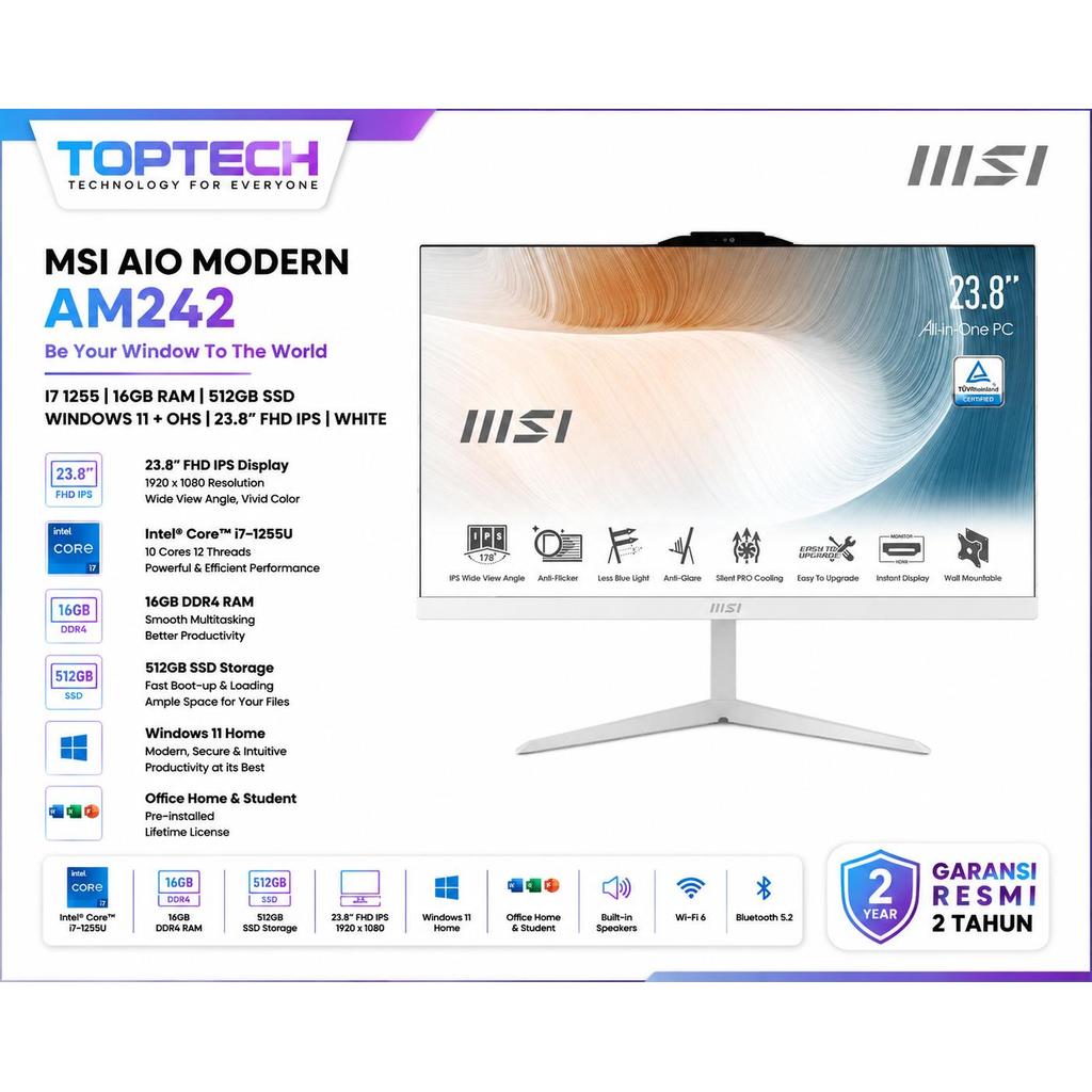 MSI PC ALL IN ONE | MSI AIO MODERN AM242 i7 1255 16GB 512GB W11+OHS 23.8FHD IPS 2Y