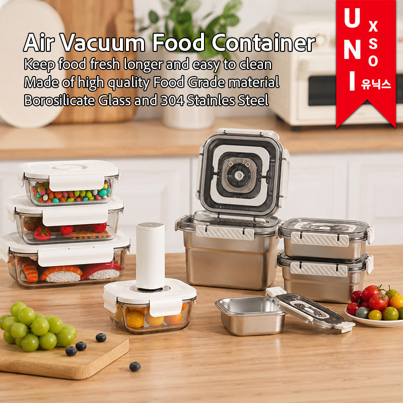Unixso Kotak Penyimpanan Kontainer Makanan Vakum SUS 304 Food Grade Stainless Borosilicate Kaca Kulk